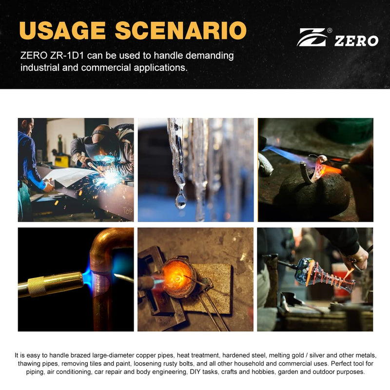 Zero ZR-1D1 Double Flame Map Gas Torch Kit, 360° Swivel Turbo Torch Head with Adjustable Flame, for Propane MAPP Gas, Professional Welding Brazing Plumbing HVAC Repair Yellow