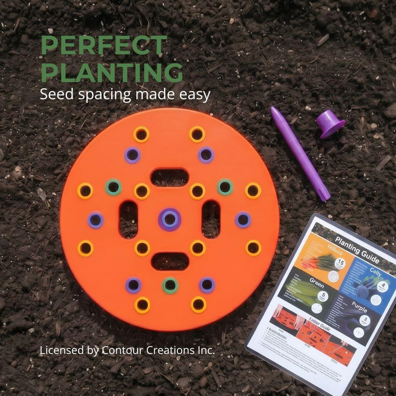 Round Seed Planting Template – Patented Color-Coded Garden Spacing Tool Kit with Seed & Seedling Spacer, Dibber with Seed Spoon & Laminated Vegetable Growing Guide