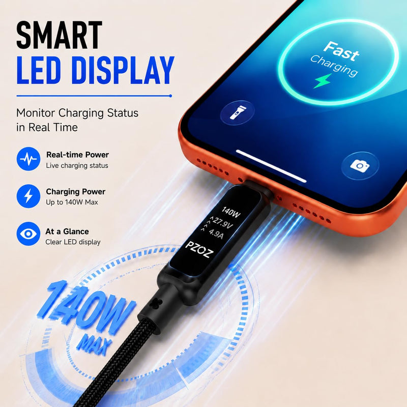 pzoz 2-in-1 USB C Apple Watch Charger Cable, 140W Fast Charging Cord | 140W USB-C fast charging cable with Apple Watch charging and LED display, combining two charging needs in one cable. 4 Feet