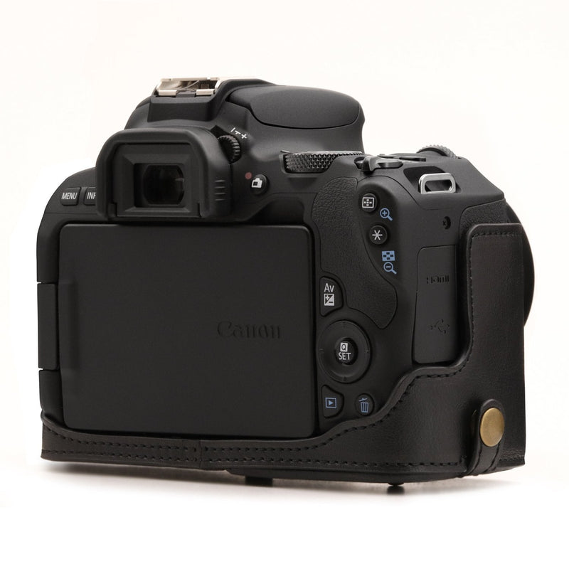 MegaGear Leather Camera Case Compatible with Canon EOS Rebel SL3, Kiss X10, Rebel SL2, Kiss X9 18-55mm Lens Black