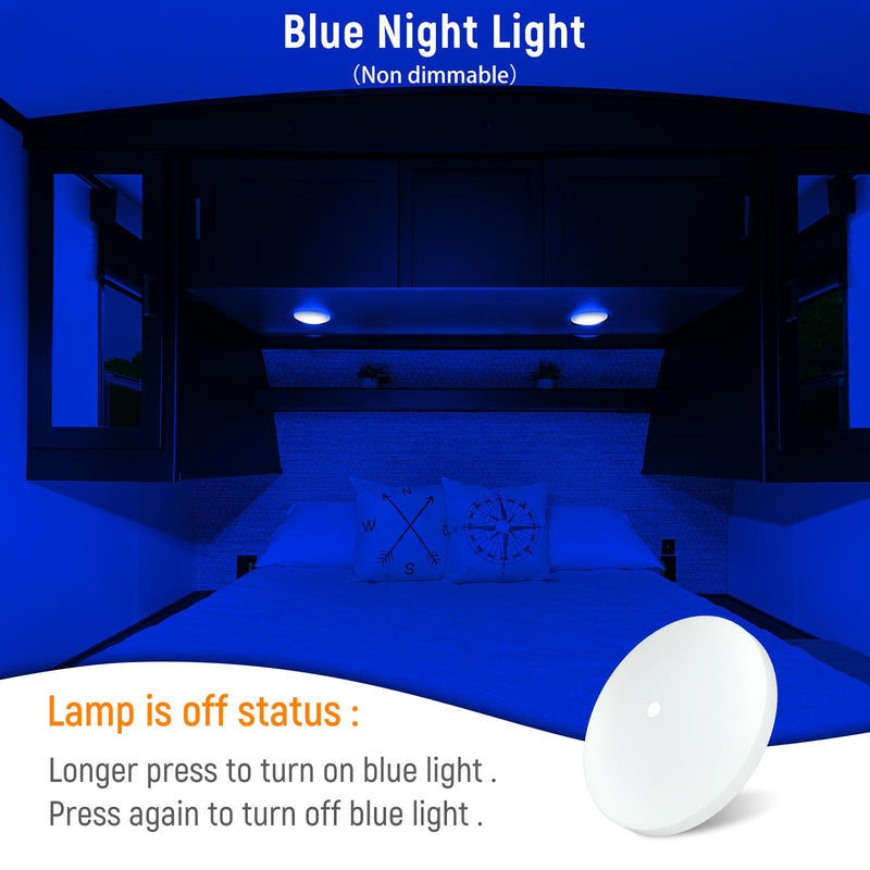 2 Pack RV Interior Ceiling Dome Light 4.5 Inch, Press Dimmer Switch & Blue Nightlight,12V Dimmable Puck Light for Motorhome Trailer Fifth Wheel Truck Coach Enclosed Trailer(3000K) 2 Pack 3000K