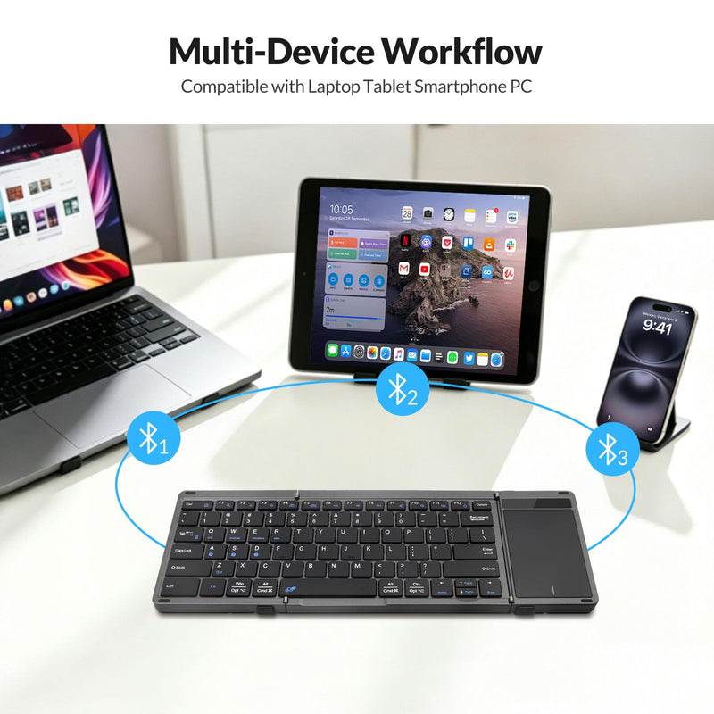 Rii RK809Pro Foldable Bluetooth Keyboard with Touchpad | Full Size,Portable Folding Keyboard with Touchpad,Rechargeable for iPad,iPhone,iOS,Windows,MAC,Android