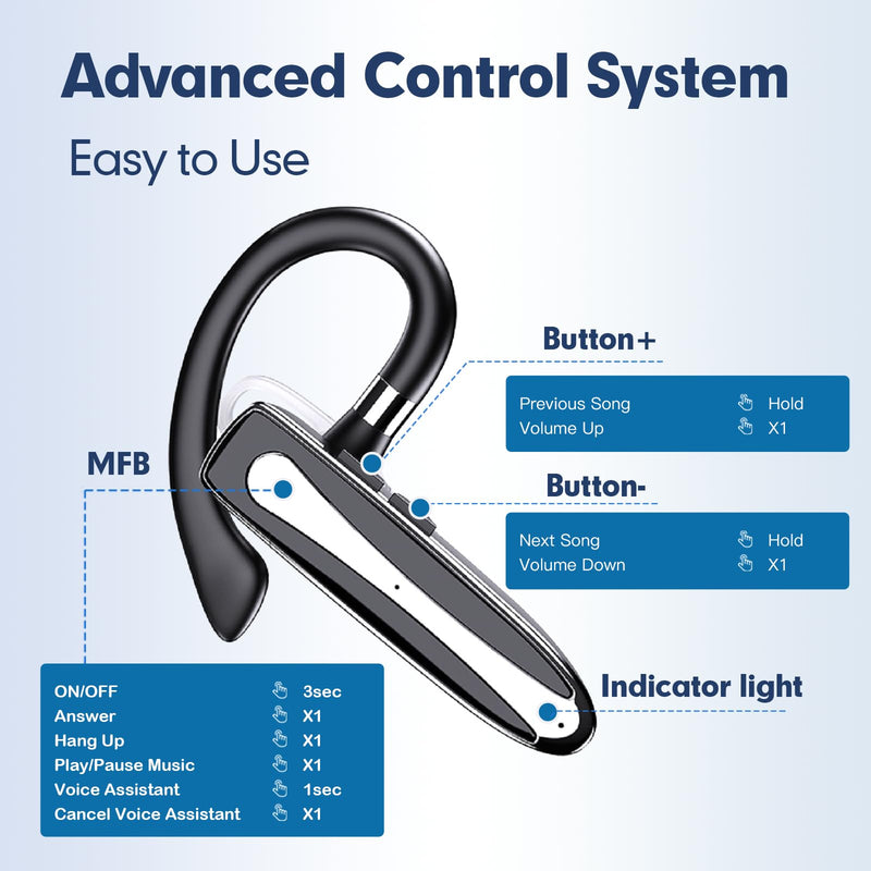 Truck Driver Bluetooth Headset for Cell Phones Wireless Earbuds with Earhooks IPX7 Waterproof Dual Microphone Earpiece in Ear Hands Free Single Headphone Charging Case for Driving Business Android iOS