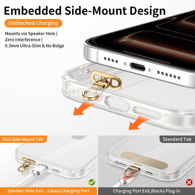 saxsion Side-Mount Phone Tether Tab, Metal Lanyard Patch, 360° Swivel Clip, 304 Stainless Steel, Won't Block Charging Port Champagne Gold*4