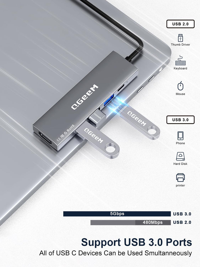 QGeeM USB C Hub 5 in 1 Multi-Port Digital AV Adapter 4K HDMI, 100W Power Delivery, 3 USB-A Data Ports, USB C Dongle for MacBook Pro/Air, iPad Pro, iMac, iPhone 15 Pro/Pro Max, XPS, Thinkpad and More.