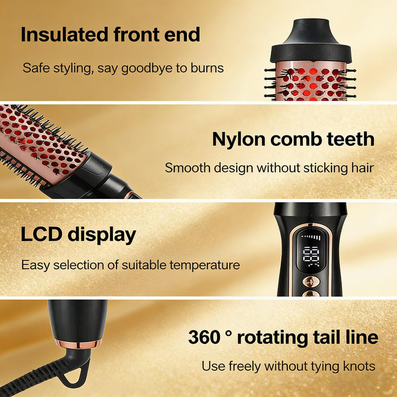 38mm Thermal Brush, Barrel Hot Hair Brush Heated Round with LCD Display for Women, Heated Curling Iron Create Natural Curls Dual Voltage with 6 Heat Settings, UK Plug, Rose Gold B
