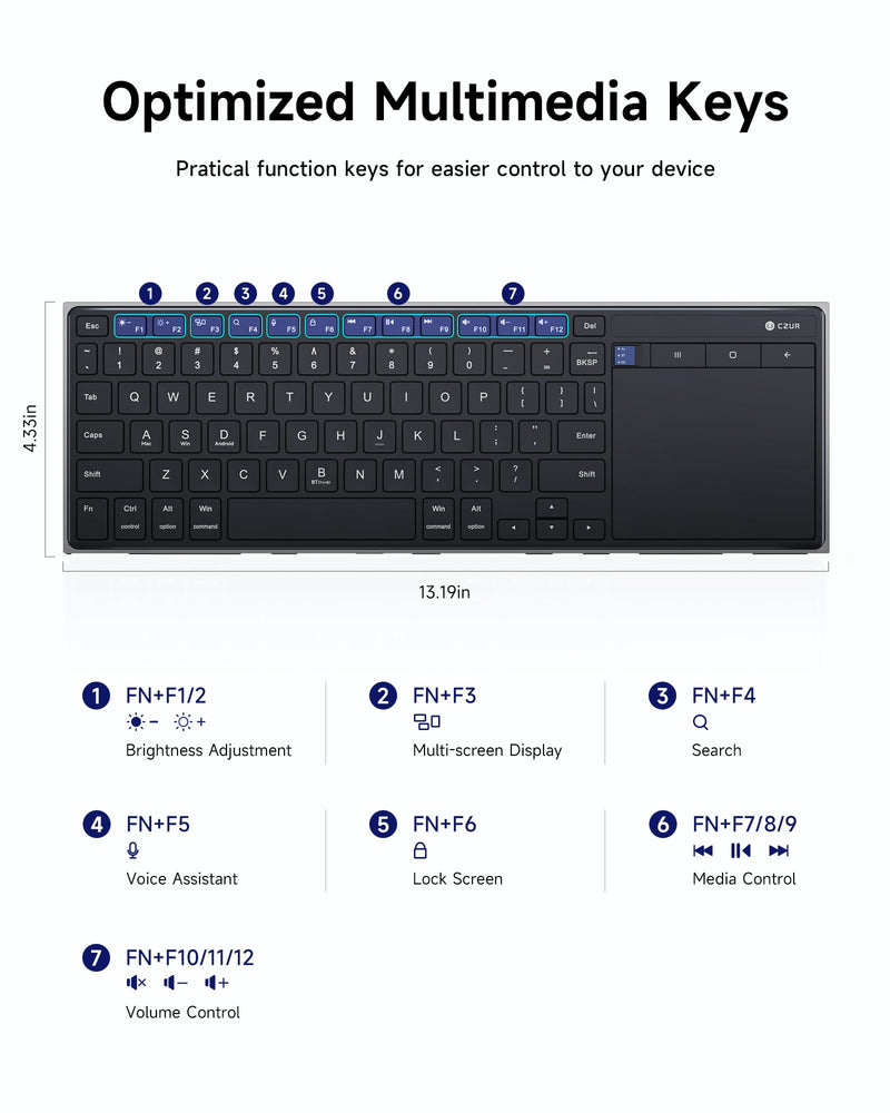 CZUR K5S Bluetooth Keyboard with Touchpad, Wireless & Wired Keyboard | Rechargeable Keyboard with Trackpad for PC/Laptop/Tablet/Phone, Portable Keyboard, for Windows/Mac/Android/iOS