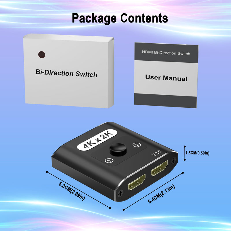 HDMI Switch Splitter 4K@60Hz, Aluminum Bi-Directional HDMI 2.0 Switcher, HDMI Splitter 1 in 2 Out/ 2 in 1 Out, Support 4K 3D HDR for Xbox, PS5/4/3, Fire Stick, Roku, HDTV, Projector, Computer (Black) Black