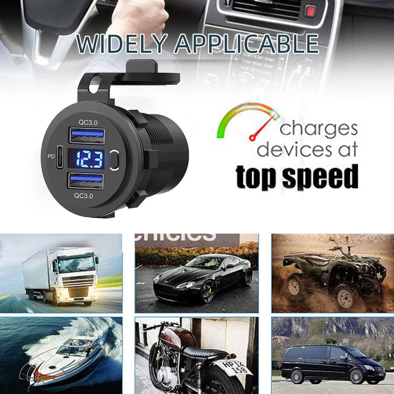 5 Pack 12V USB Outlet, QC3.0 & PD Dual Car Charger with Voltmeter & Switch | Fast charge 3 devices with QC3.0 & PD, plus built-in voltmeter & on/off switch. Ideal for cars, boats, marine, trucks, & RVs. 2QC+1PD