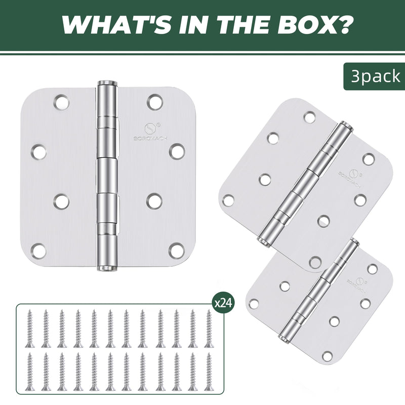 304 Stainless Steel 4 Inch Door Hinges Brushed Satin Nickel Interior Hinges 5/8" Radius Corners 3.5'' Ball Bearing Silver Door Hinges- 3 Pack
