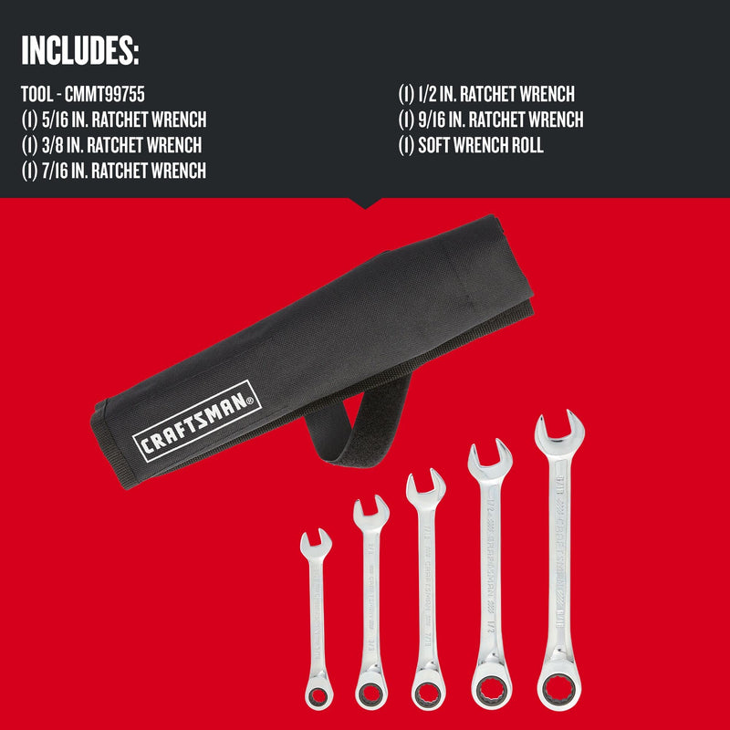 CRAFTSMAN 12-point Standard (SAE) Ratchet Wrench, 5-Piece Set (CMMT99755)