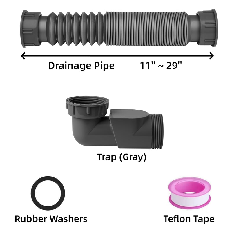 Low Profile 1 1/2 Bathtub Shower Drain Pipe with One-Way Valve, Flexible Drain Pipe for Freestanding Tub, Odor Prevention Flat Curved Hose Kit for Bath and RV Tub, YGG003 (Gray) Gray