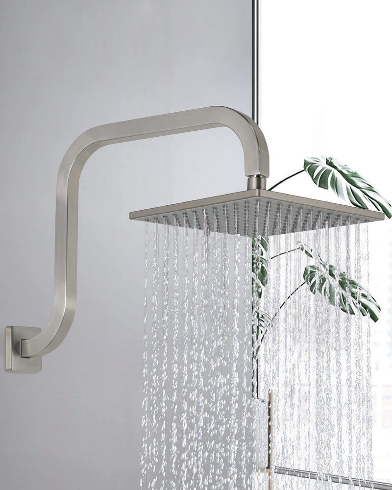 PHASAT S Shaped Square Shower Arm with Flange,High Rise Shower Head Extension Arm Brushed Nickel,PU9L03 Square-Standard