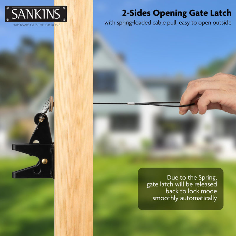 Self-Locking Gate Latch with Spring Cable Pull for Wooden Fence Gate Heavy Duty, Post Mount Automatic Gravity Lever Gate Fence Door Latches for Wooden Fence Secure Pool Garden Shed, 2PCS 2 Upgrade