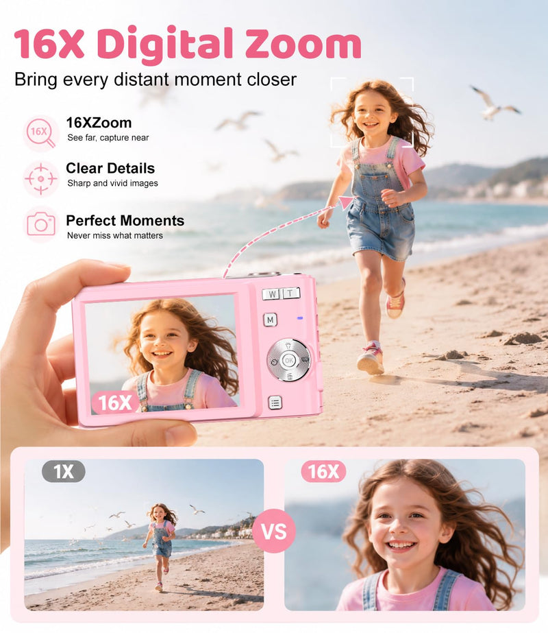Pink Digital Camera, 50MP FHD 1080P Portable Point and Shoot Camera, Small Digital Camera with 16X Digital Zoom, Anti-Shake Vlogging Device for Daily Life, Travel, Kids, and Beginners Pink