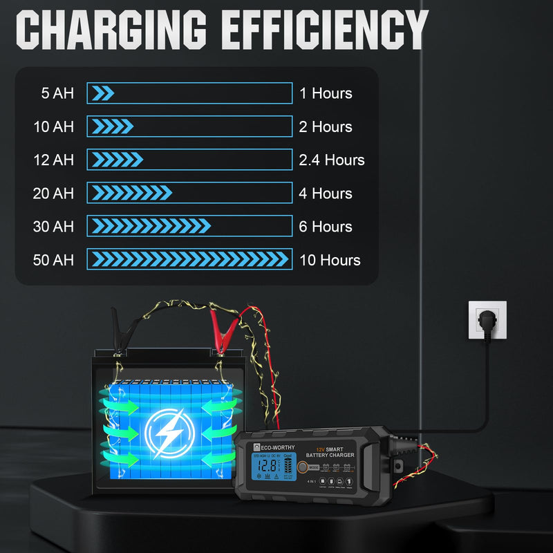 ECO-WORTHY 12V 5A Automatic Smart Battery Charger and Maintainer LCD Display for Lead Acid and Lithium (LiFePO4) Battery