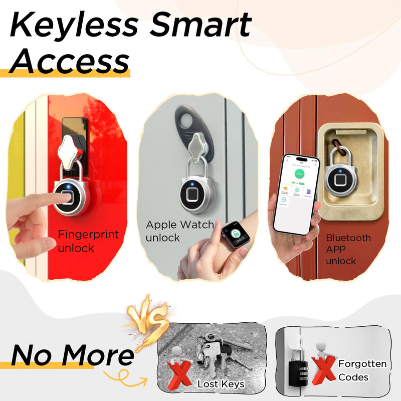 Fingerprint Lock, Dhiedas Gym Lock, Bluetooth Lock, Small Fingerprint Padlock with Keyless, Weatherproof Smart Lock for Gym Locker School Suitcase Cabinet Luggage Storage and Fence Silver 1'' shackle