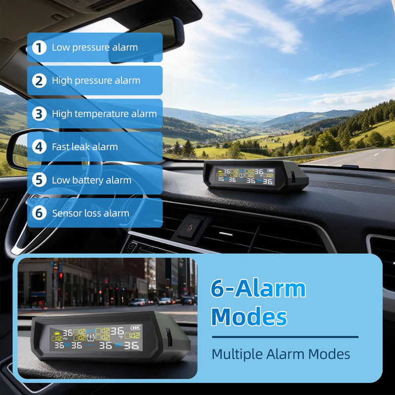 Tire Pressure Monitoring System TPMS, Solar Charge Tire Pressure Monitor with 4 External Sensors & 6 Alarm Modes, 0-99 PSI, Real-time Wireless TPMS for Car Sedan SUV Pickup - with 4 Tire Valve Caps 4 Sensors