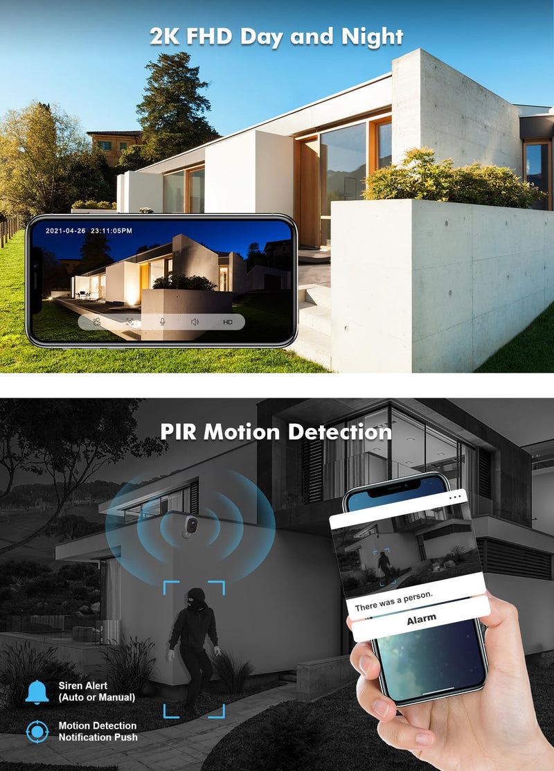 Dzees Security Cameras Wireless Outdoor - Spotlight & Siren, 2K 3MP Upgrade WiFi Cameras for Home Security, AI Motion Detection, Color Night Vision, 2-Way Talk, Waterproof
