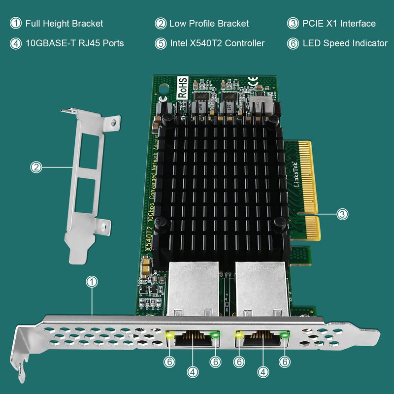 X540T2 Dual 10GbE RJ45 Ports Converged Ethernet Adapter for Servers and Desktop PCs, Intel X540AT2 10GbE Converged Ethernet Controller, 2X 10GbE RJ45, for Virtualization, Storage and Gaming (X540T2) X540T2