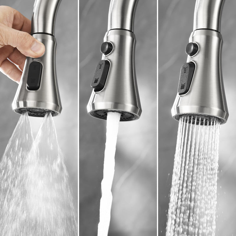 Kitchen Faucet Head Replacement, Pull Down Faucets Spray Head for Kitchen Sink, 3-Function Spray Nozzle, 15 Adapters Kit Compatible with American Standard, Brushed Nickel