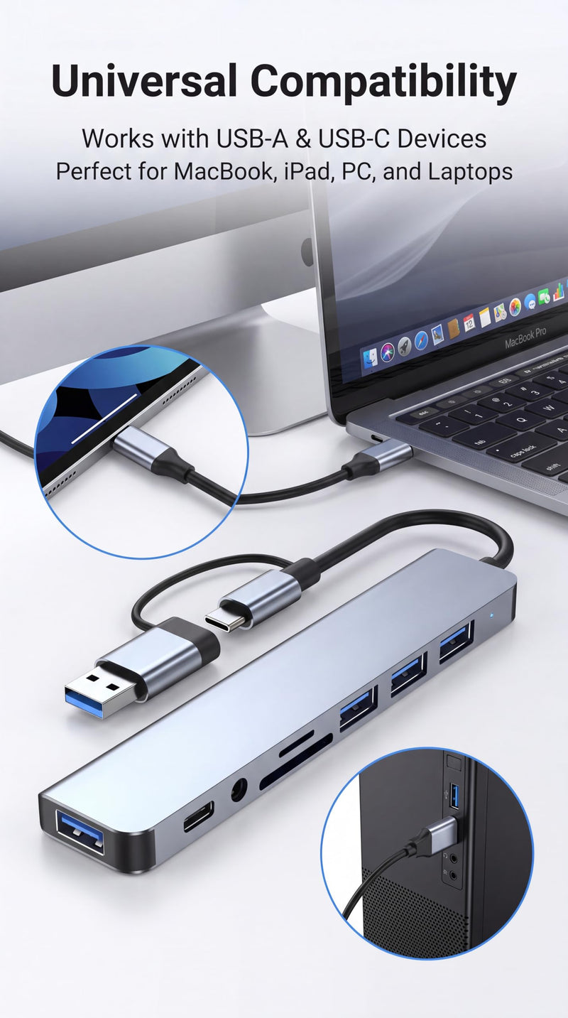 Eanetf 8-in-1 USB C Hub 2-in-1 Connector 4 USB A for Laptop Mac | 2-in-1 USB-A/USB-C connector, 1x USB 3.0 + 3x USB 2.0 + USB-C data, SD/TF dual card slots, 3.5mm audio jack, Plug and play