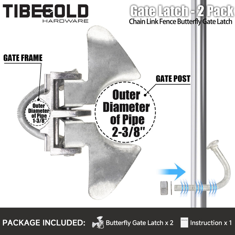 Chain Link Fence Butterfly Gate Latch, Galvanized 2 Way Lockable Gate Latch for 1-3/8" Gate Frame and 2-3/8" Gate Post, Fence Gate Latch with Padlock Hole, Silver, 2 Pack