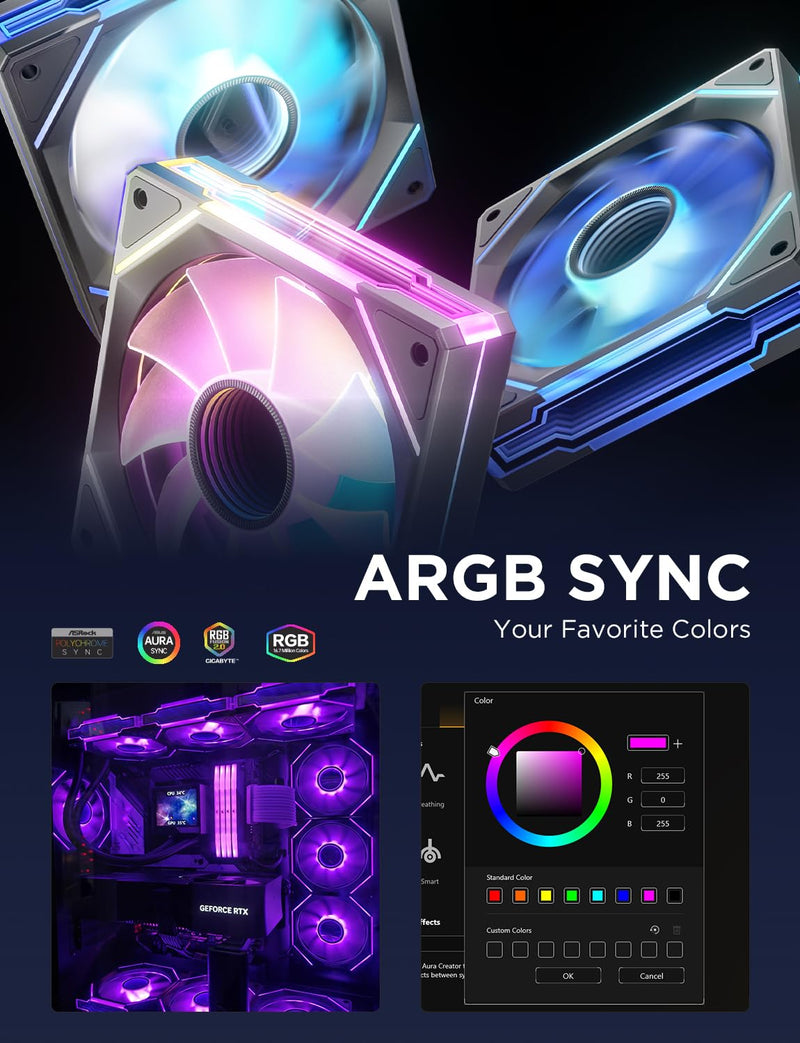 AsiaHorse AMICI-5GT RGB PC Fans, Infinity Mirror ARGB Fans HDB Bearing Fan Speeds Up to 1800 RPM with 24 LED Lights, Reverse Blade Fan Compatible Motherboard Aura SYNC (Not Wireless Connection) 120mmBlack-3packs