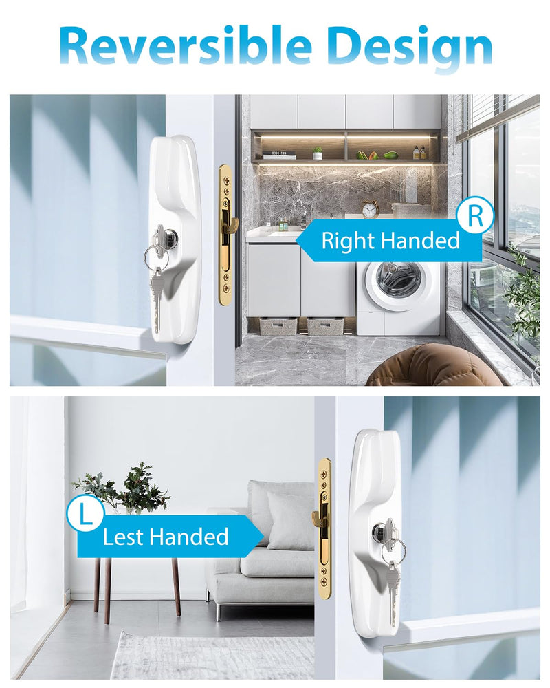 Probrico Patio Sliding Door Lock Set with Key and Mortise Lock, Sliding Glass Door Handles 45° Keyway, Reversible White Sliding Door Lock Set Fits 3-15/16" Hole Spacing, 1" to 2" Thick Doors Handles(Keyed) + Mortise Lock