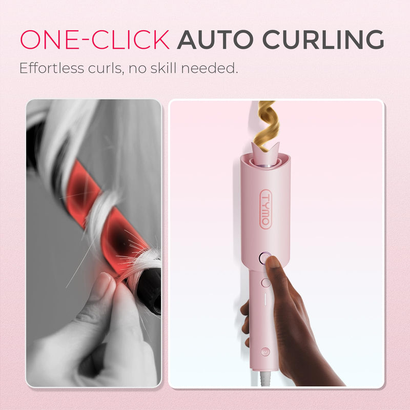 TYMO Hair Curler Automatic Rotating - CURLPRO, Curling Wand, Pink 1 inch | Ceramic Coating, Anti-Scald Curling Iron, Portable 500 Million Ionic, Dual Voltage, Beach Waver, Lightweight for Travel