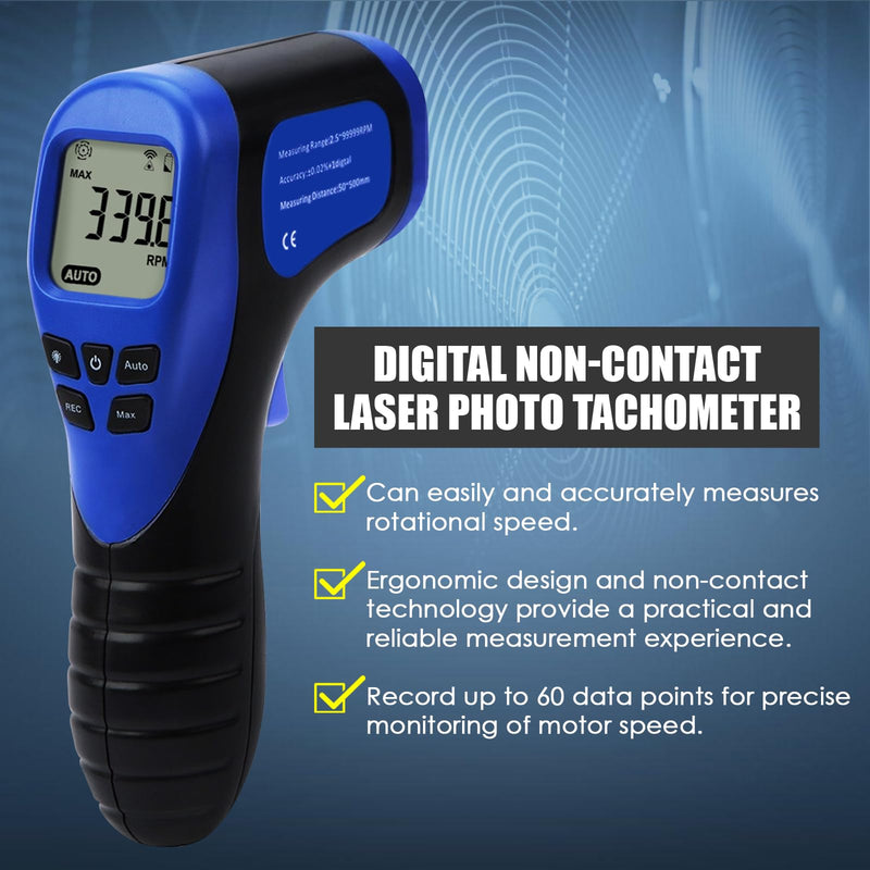 Laser Photo Tachometer Motor Speed Gauge Tester Non-Contact RPM Meter Motor Speed Gauge Gun - Accurate RPM Measurement with Rotational Record (Digital Tachometer) Digital Tachometer