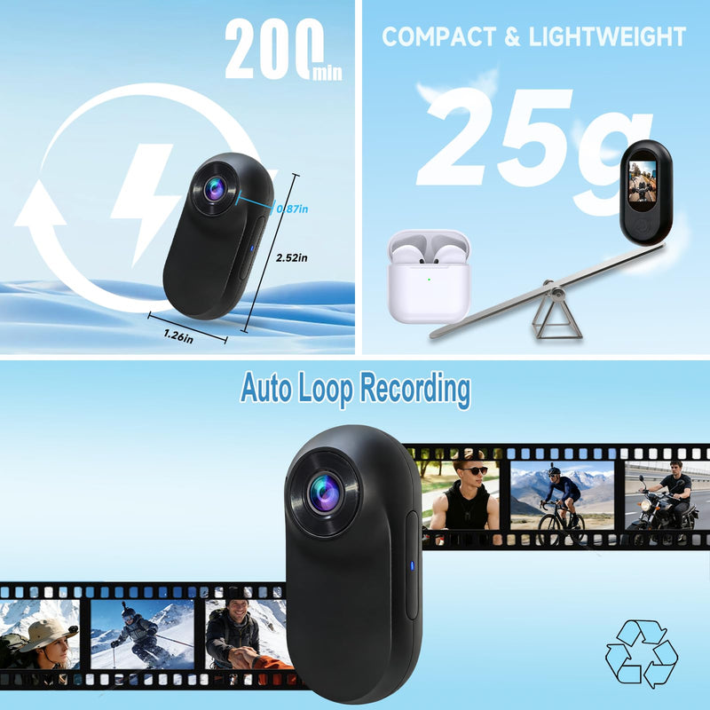 Mini Body Camera 1080P, Thumb Size Wearable Helmet Camera, Clip On Action Cam, Body Cam for Cycling Travel Sports(Black) black