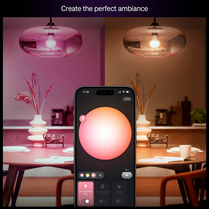 Philips Hue Essential Smart LED A19 Bulb 4-Pack, White and Color Ambiance, E26, 7.2W, 2200K-6500K, 800 Lumens, Dimmable LED Bulbs, Works with Alexa, Google Assistant, Apple Home 4 Pack