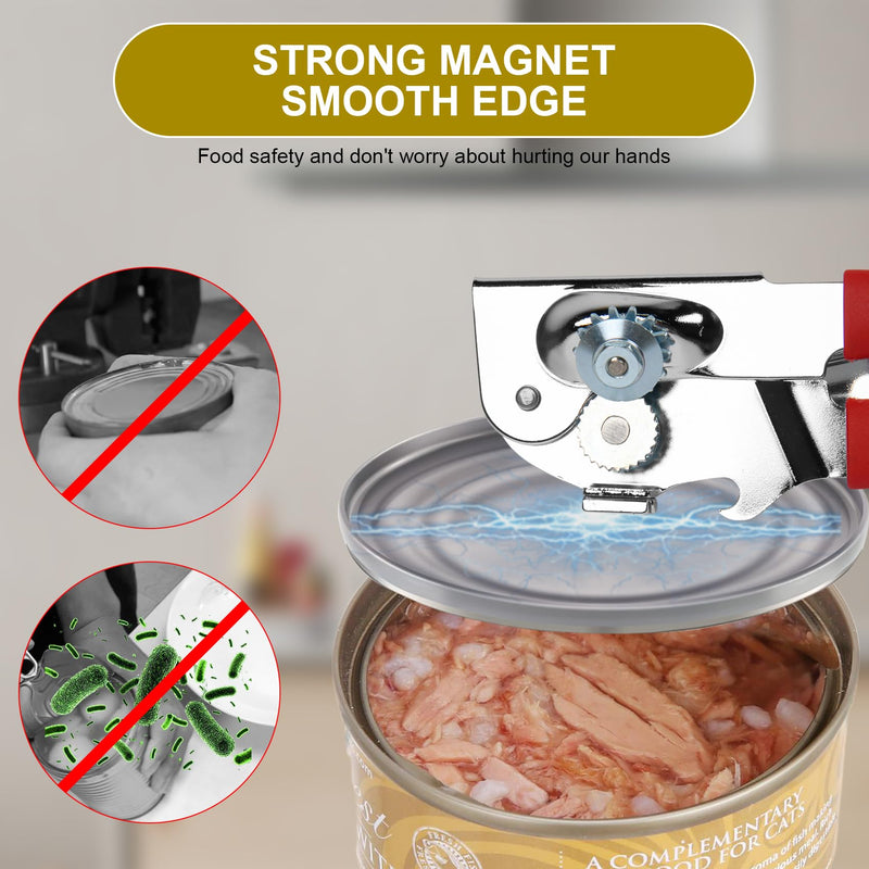 Commercial Can Opener, Stainless Steel Heavy Duty Manual Hand Crank Can Opener, with Comfortable Ergonomic Design Extra-long Handles, Large Handheld Smooth Can Open Easy for Big Cans, Red