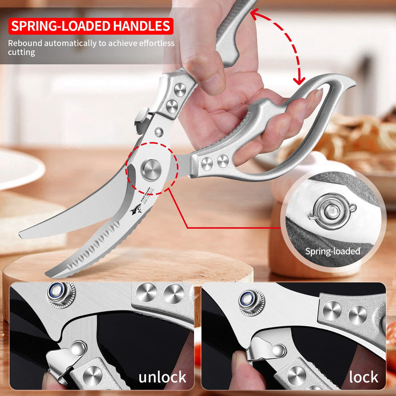 MAD SHARK Heavy Duty Poultry Shears, Kitchen Shears with Non-Slip Handle & Safety Lock, All Purpose Kitchen Scissors for Chicken, Meat Cutting, Turkey, Fish, Vegetables, Spring Loaded, Dishwasher Safe Silver