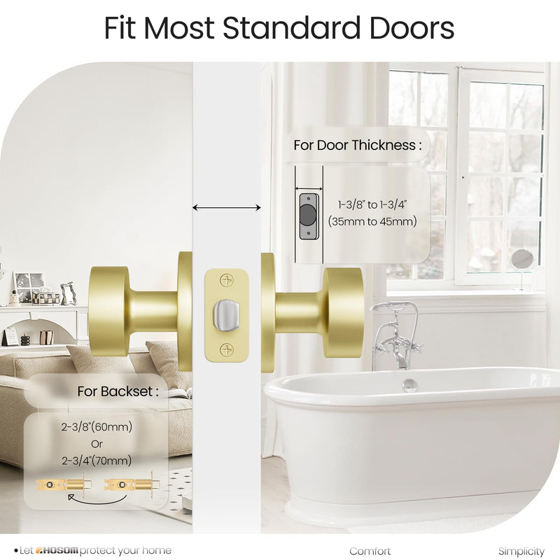 HOSOM Gold Door Knob, Privacy Door Knob, Bathroom Bedroom Door Knobs with Lock Exterior Interior Satin Brass Door Locks Heavy Duty Door Handle Keyless Doorknob with Round Ball,1 Pack