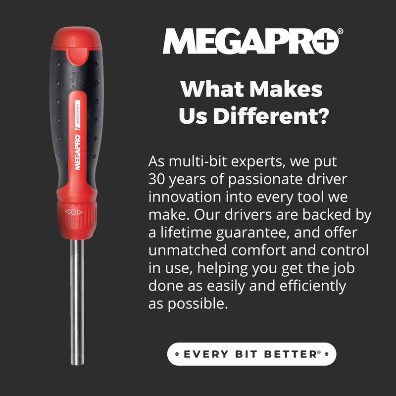 Megapro Automotive Screwdriver Set | One Multi-Bit Screwdriver with ¼” Hex Shaft | Phillips, Torx | Compact Automotive Bit Set (Ratcheting) Ratcheting
