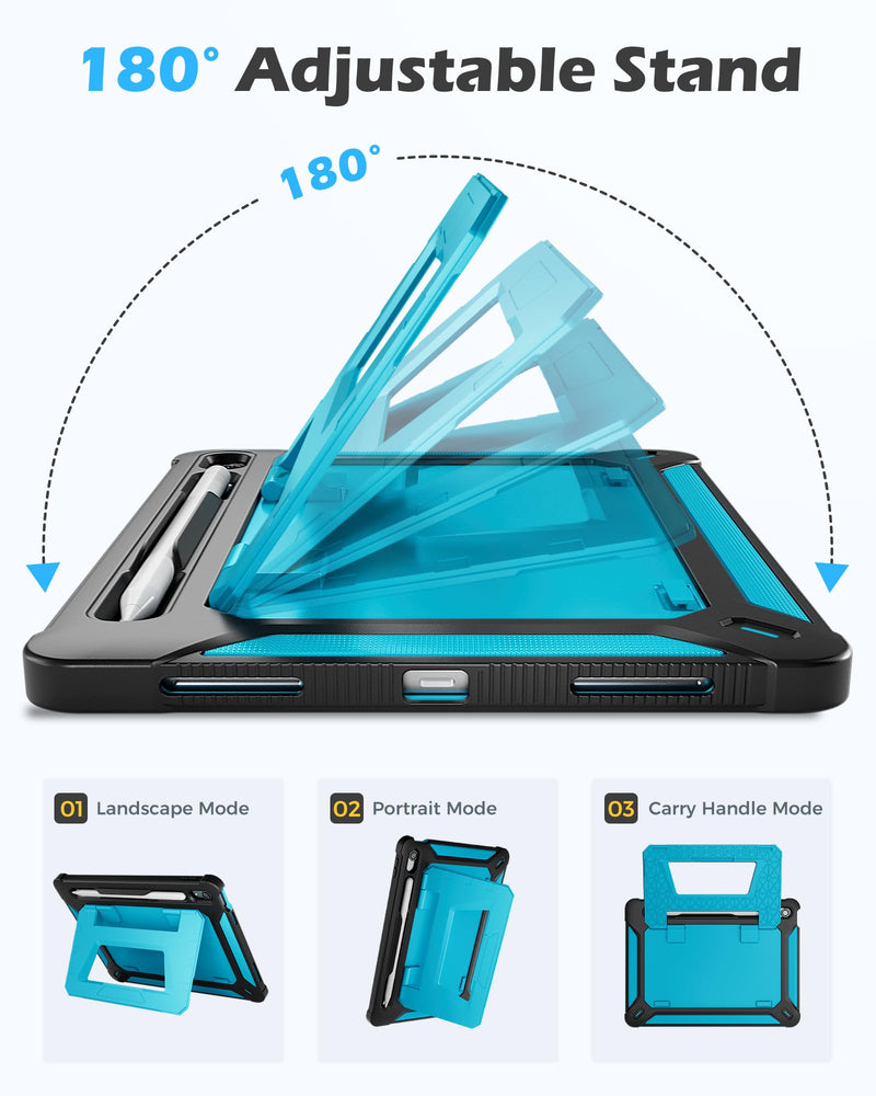 ProCase Kids Case for 11" iPad (A16) & 10.9" iPad 10th Gen, Blue&Black | 180° Adjustable Kickstand with Pencil Holder, 3-Layer Heavy Duty Rugged Shockproof Hard Shell Cover Black & Blue