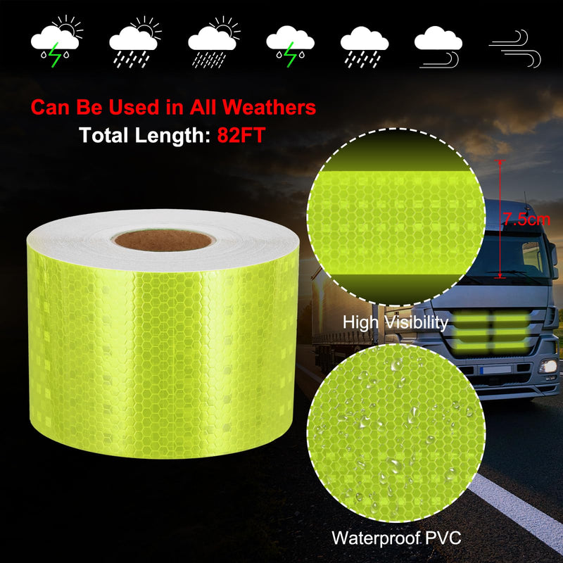 MECCANIXITY Reflective Tape, 3 Inch x 82 ft Self-Adhesive Trailer Reflector Tape Waterproof Warning Safety Sticker High Visibility Night Reflectors for Bikes Cars, Fluorescent Yellow 3 Inch x 82 Feet