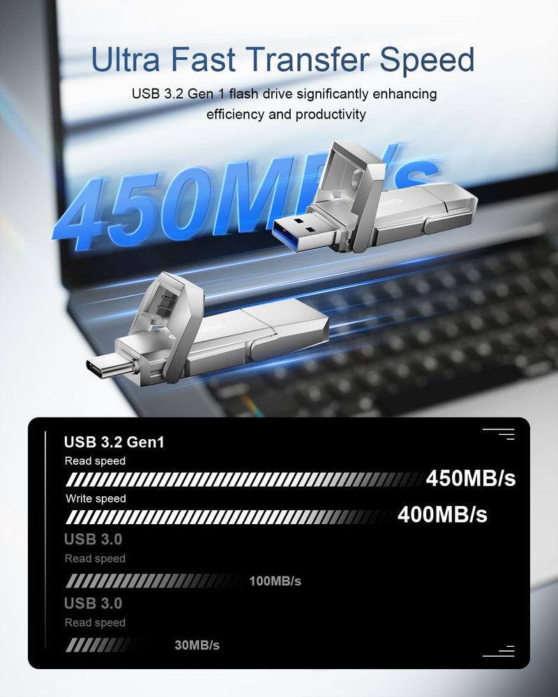 256GB USB C Flash Drive Up to 450MB/s USB 3.2 Solid State Thumb Drive Type-A + Type-C 2-in-1 Flash Drive Memory Stick Data Storage Compatible with Smartphone Tablet Computer Game Console 256GB Silver
