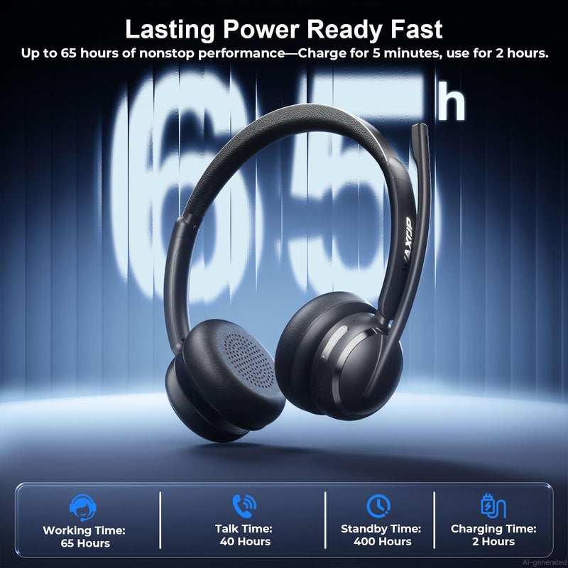 Wireless Headset with Mic for Work, USB A/C Dongle, Bluetooth 6.0 Headset with AI Noise Cancelling Microphone, Wireless Headphones with Mic Mute & 65H, Wireless Headset for PC/Computer/Laptop/Teams Black