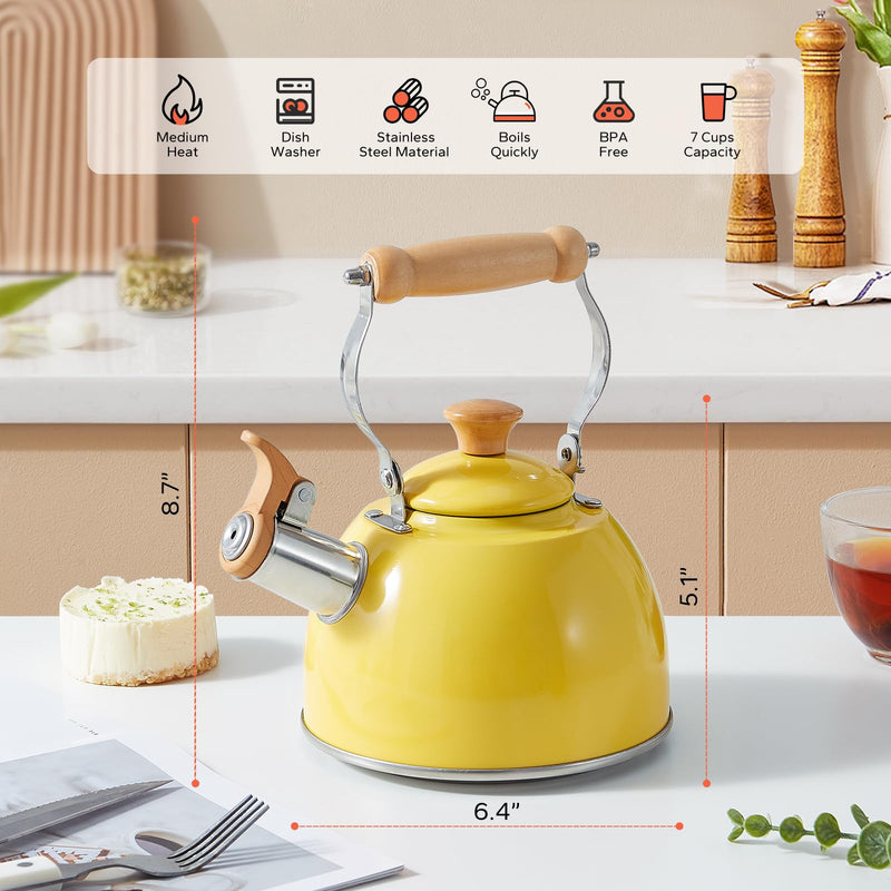 ROCKURWOK Tea Kettle, Tea Pot with Cool Touch Ergonomic Handle, Teapot Food Grade Stainless Steel, Tea Kettle Stovetop, Kettle Teapot, Whistling Tea Kettle, Small Tea Kettles, 1.6 Quart (Yellow) Yellow(1.6QT) 1.6 Quarts