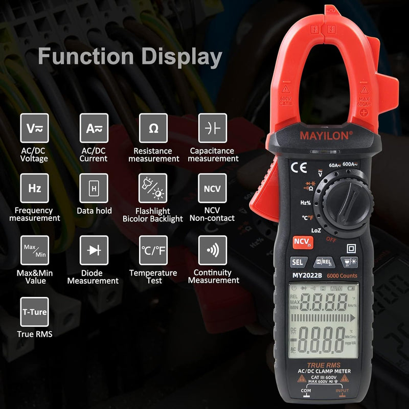 Amp Clamp for Automotive Repair/Commercial/Residential Electricians, Measures AC/DC Current 600A, AC/DC Voltage to 600V, Frequency, Resistance, Temperature, NCV, Continuity, Large LCD Display