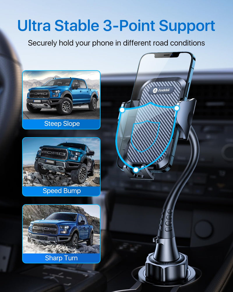 andobil Upgraded 15" Cup Holder Phone Holder, 【Solidest & Adjustable】 Military-Grade Long Gooseneck Cup Phone Holders for Your Car Truck, Car Phone Holder for iPhone 17 Pro Max 16 15 14/Samsung/Pixel Gooseneck-Black