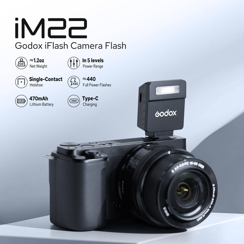 Godox iM22 Camera Flash, Mini Flash for Camera, 440 Full Power Flashes, Built in Lithium Battery, 5 Power Levels, Single Contact Hot Shoe, Compatible for Canon Sony Fuji Nikon Panasonic Olympus
