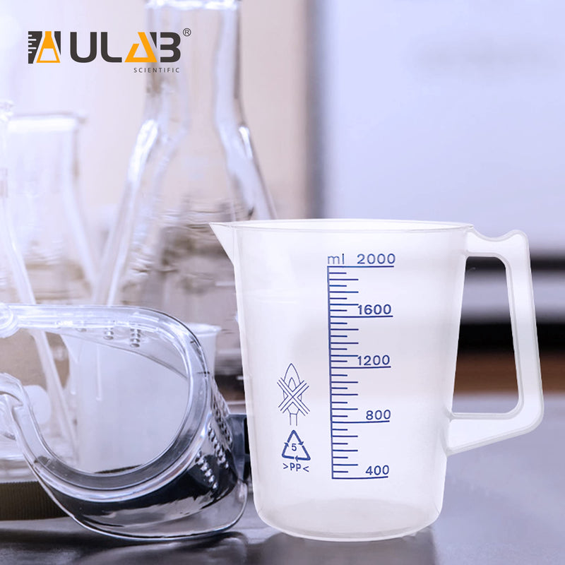 ULAB Scientific Beakers, Plastic Beakers with Handle, Printed Graduation in Blue, Vol. 3000ml(101oz), UBP1019 Vol.3000ml with handle,blue printed graduation