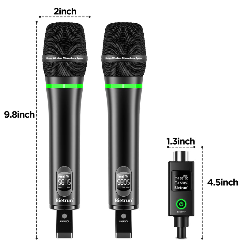 Bietrun XLR Wireless Microphone, Rechargeable Dual Metal Cordless Handheld Dynamic Mics for Mixer, Audio Interface, PA Amplifier System, Church, Singing, Karaoke(UHF 240FT Range)(with 6.35 Adapter) XLR Rechargeble Rechargeable Microphone-WXM19-2