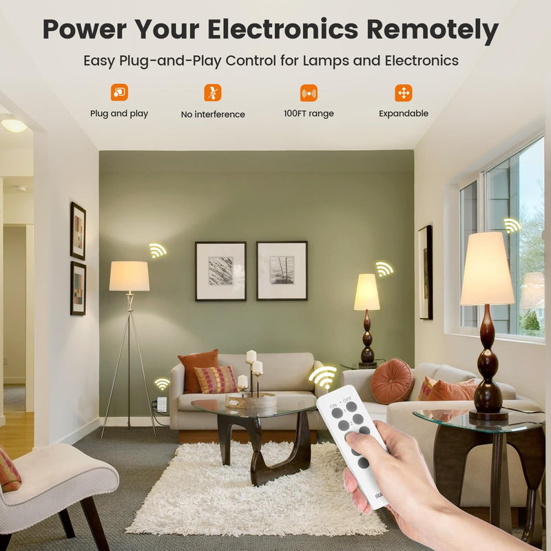 SURAIELEC Remote Control Outlet, Wireless Remote Light Switch, 100 FT, 15A/1875W, Expandable Indoor Compact Side Outlet Plug for Lamps, Fans, Christmas Trees, Small Appliances, 5 Outlets + 2 Remotes White Handhold Remote 5 Outlets