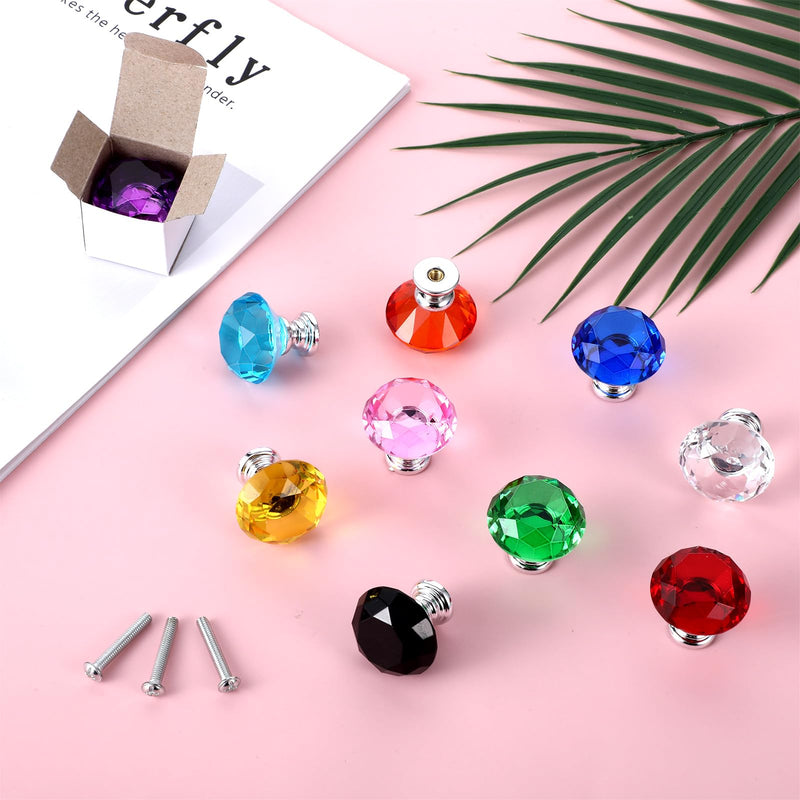 30 Pcs Colorful Crystal Drawer Knobs, 30mm Glass Dresser Knobs Cabinet Diamond Shape Pulls Handle for Wardrobe, Kitchen, Bathroom, Cupboard(10 Colors)