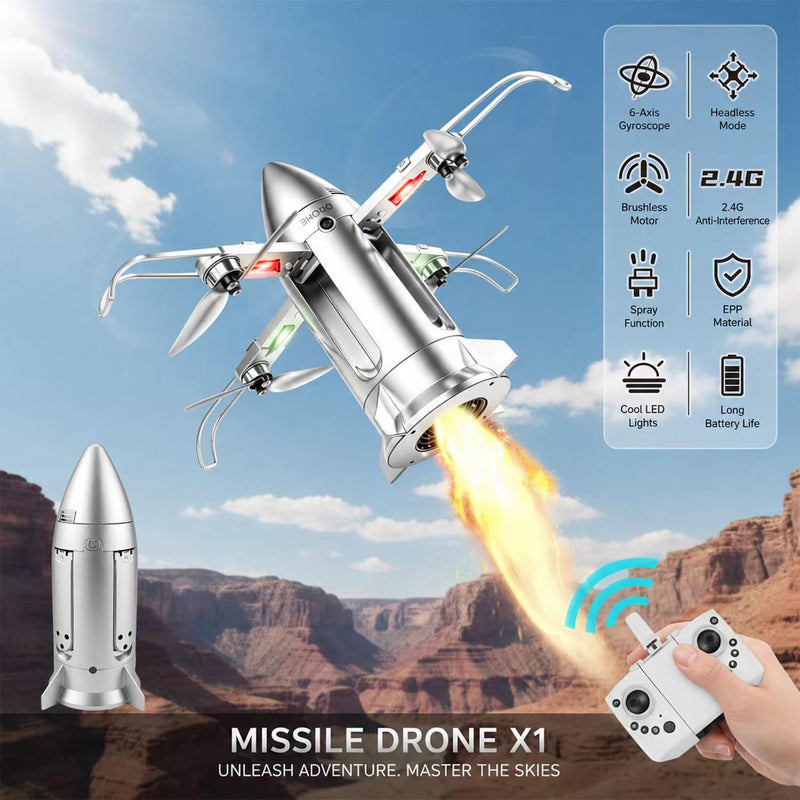 Remote Control Rocket Drone 2.4GHz RC Missile Quadcopter with Spray Exhaust & LED Lights, Easy to Fly Aircraft for Beginners Boys, Outdoor Gifts
